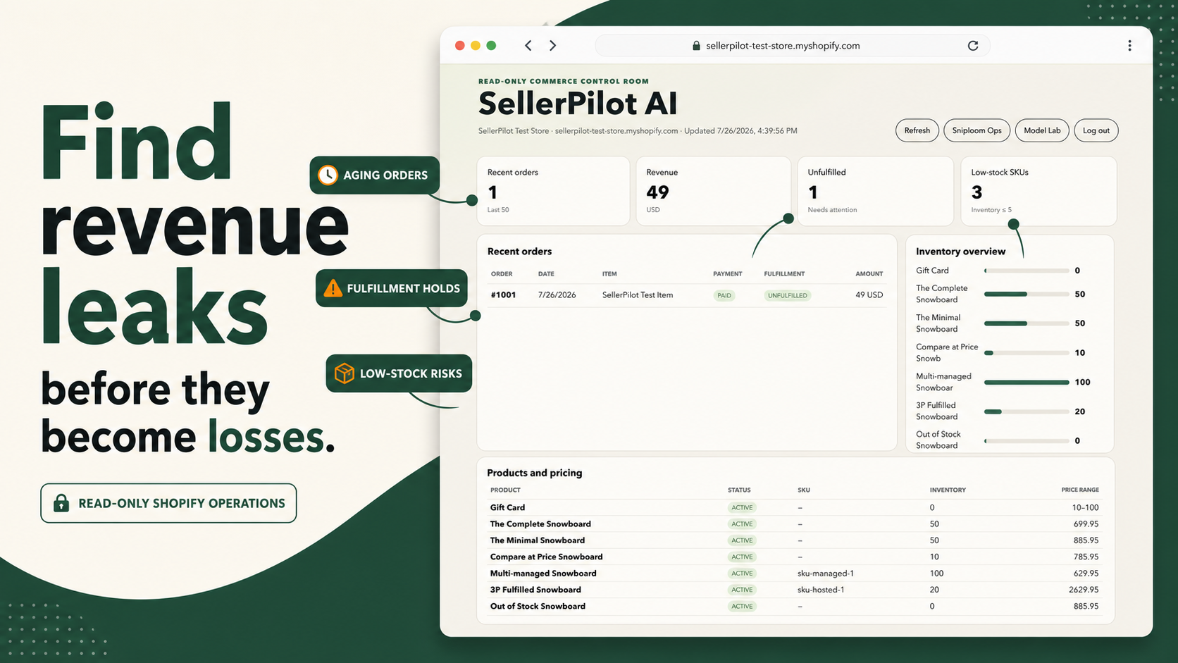 SellerPilot dashboard highlighting operational exceptions