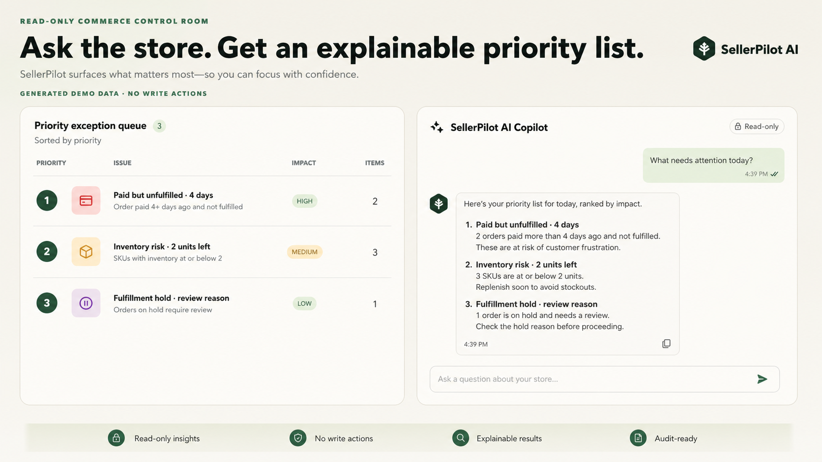 SellerPilot exception queue and AI copilot